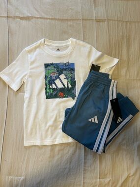 adidas White Graphic Tee with Blue Track Pants